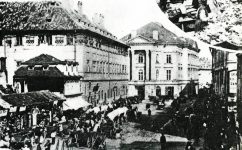 V kotcich, trh kolem 1865 - Divadlo v Kotcích 